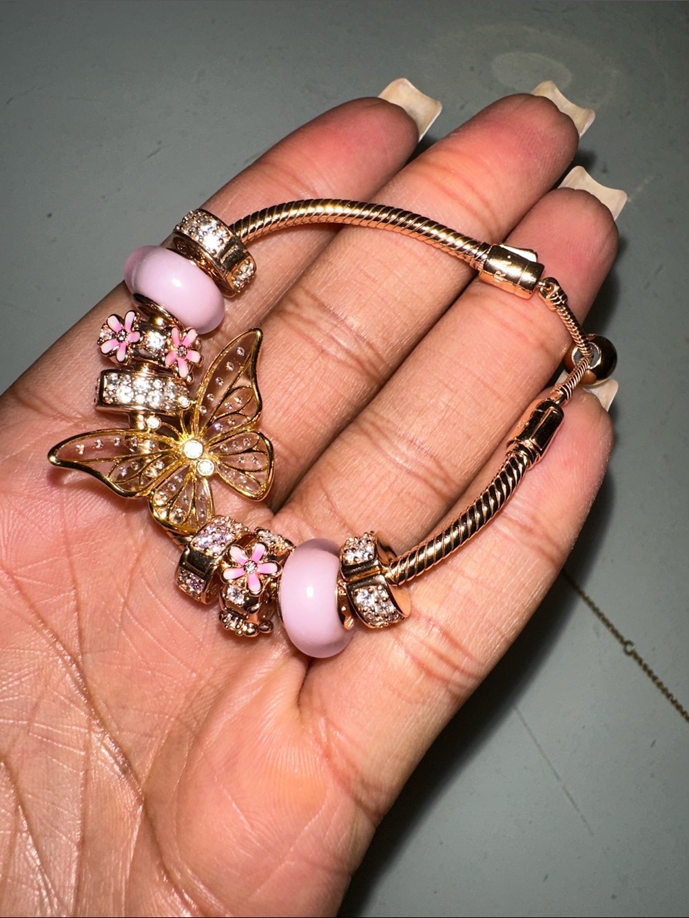 Pandora Gold Butterfly Pink Charm Bracelet - Women Jewelry